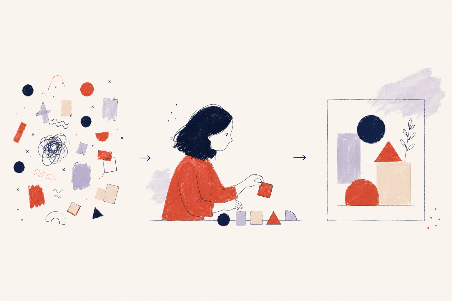 A woman rearranges scattered shapes until they form a coherent whole.